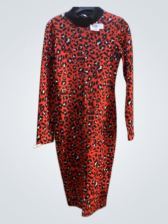 Rotes Leopardenmuster Langarmkleid mit schwarzem Kragen