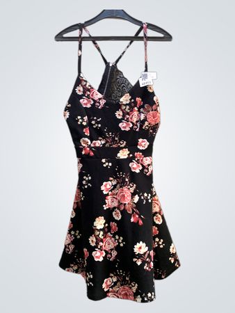 Schwarzes Blumenmuster Spitzenrücken Minikleid