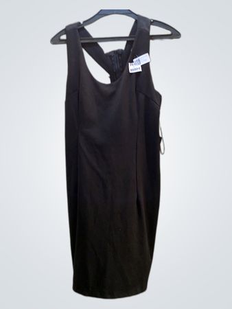 Schwarzes ärmelloses Kleid mit Reißverschluss und Etikett
