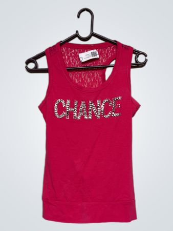 Rosa Tanktop mit "CHANCE" Strass-Grafik und Spitze hinten