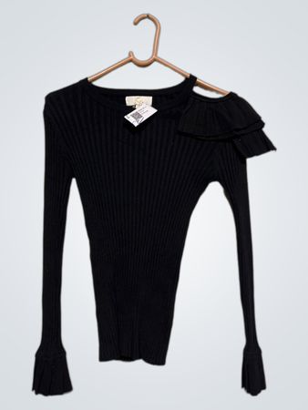 JCL Schwarzer Rippstrick-Ein-Schulter-Rüschensweater