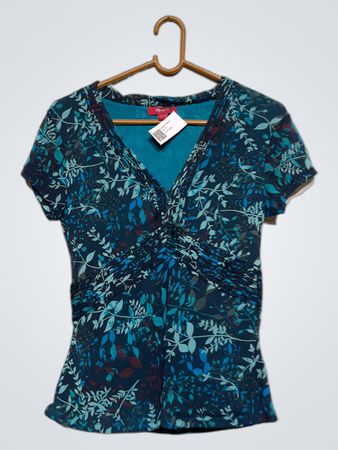 Monsoon Damen Blaue Blumenmuster V-Ausschnitt Raffung Oberteil