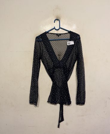 W Black Polka Dot Sheer Wrap Top