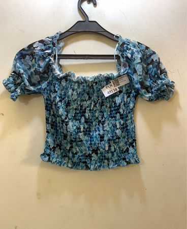 FaithVintage Blauer Blüten Smock Puffärmel Top