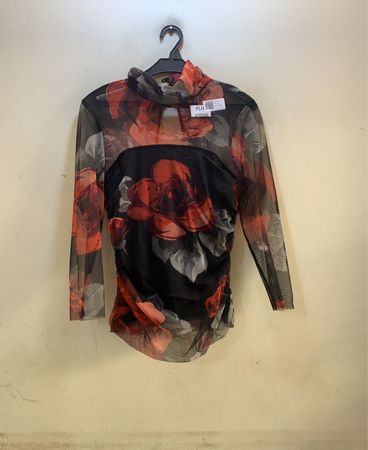 Faith Vintage Schwarzes Floral Druck Mesh Raffung Turtleneck Top