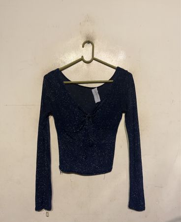 SHE & SKY Navy Sparkle Langarm-Tie-Front-Crop-Top