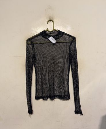 Schwarzes Mesh-Halbhochkragen-Langarmoberteil