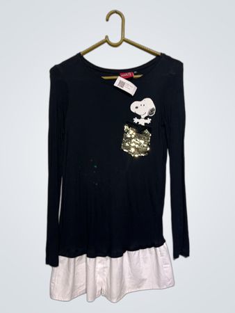 Peanuts Snoopy Langarmshirt mit glitzernder Tasche und Rüsche am Saum