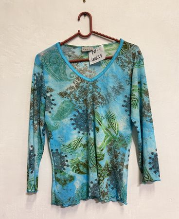 CANDA COLLECTION Blaue Paisleymuster V-Ausschnitt Langarmtop