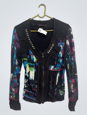 Multiples Damen schwarzer abstrakter Druck Zip-Up Cardigan