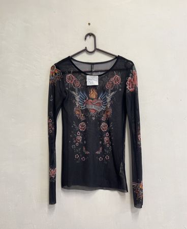 Stradivarius Tattoo Print Mesh Langarmoberteil