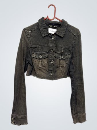 Orenco gestreifte, verkürzte Denimjacke mit besticktem Kranich