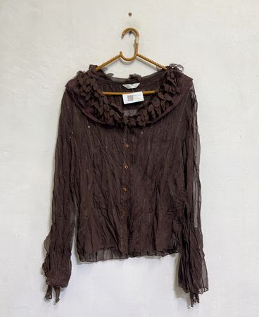 N&P NUOPAI Braune Durchsichtige Bluse mit Volantkragen