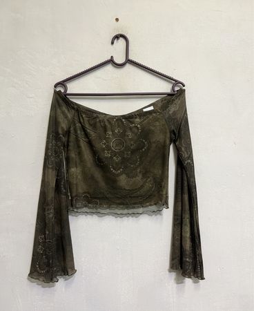 Grünes Netz Glockenärmel Crop Top