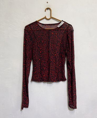 Rotes Leopardenmuster-Mesh Langarmoberteil
