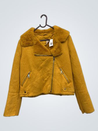 Gelbe Kunstwildleder Bikerjacke mit Fellkragen