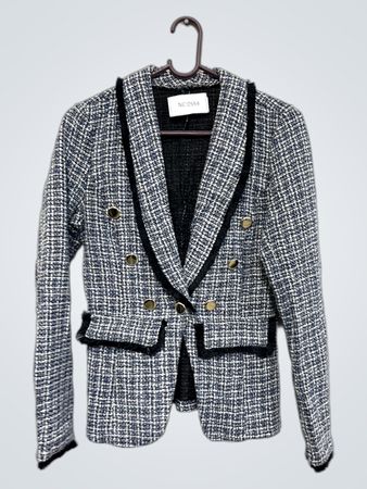 Tweed-Blazer mit schwarzem Besatz