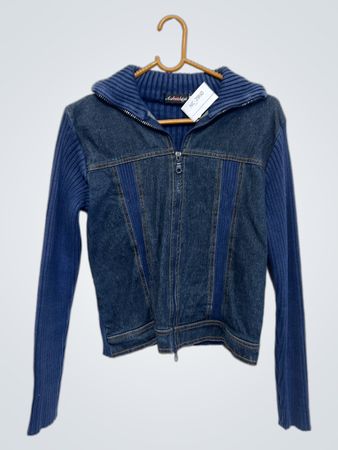 Aokozhiji Blaue Denim- und Strick-Reißverschlussjacke