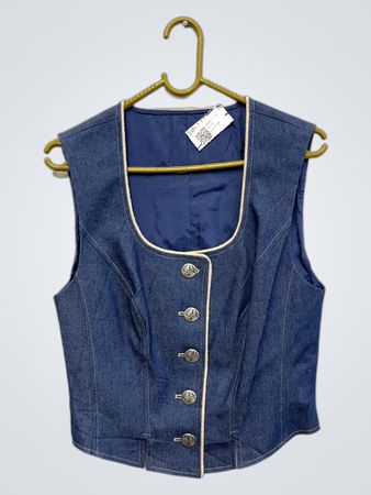 Blaues Denim-Westen mit Blumenstickerei und schnürbarem Rücken