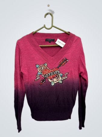 GAOXIU Damen Pink und Lila Ombre V-Ausschnitt Pullover mit verziertem Herz und Pfeilen
