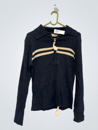 X-Mail Schwarz Rippen Zip-Up Pullover mit Beige Streifen