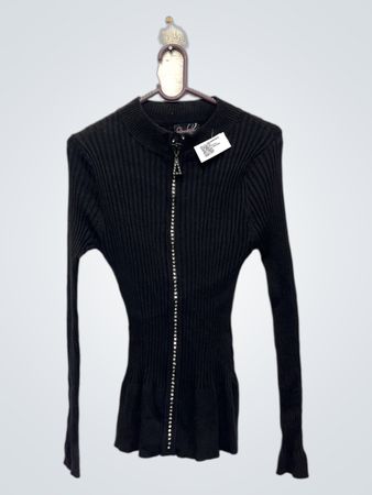 Fragen von Sydney Was? Schwarzer gerippter Reißverschluss-Front verzierter Pullover