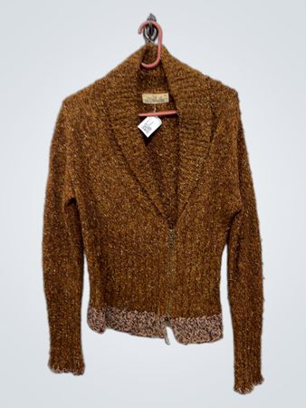 Gi Fan Brown Textured Zipper Cardigan