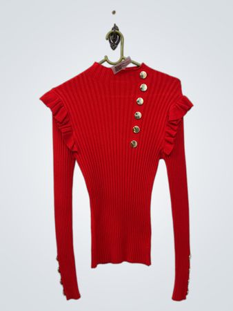 MOOCCI PARIS Roter Rüschendetail Knopfstrickpullover