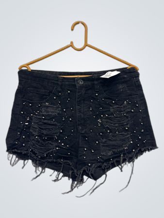 Schwarze, ausgebleichte Denim-Shorts mit Nieten