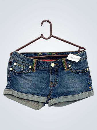 Coogi Damen Denim-Shorts mit Regenbogenstich.