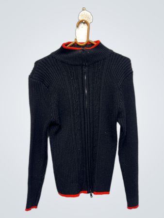 Schwarzer gerippter Reißverschluss-Pullover mit rotem Besatz