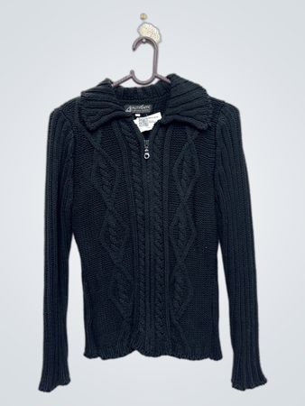 Schwarzer Kabelstrick-Reißverschluss-Pullover
