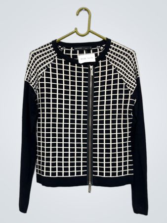 Karen Millen Schwarz-Weiße Karomuster Zip-Up Pullover