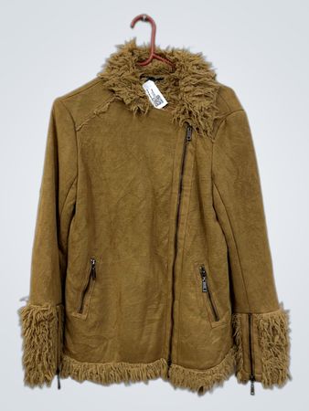 Braune Kunstpelzgefütterte Jacke mit floralem Stickerei
