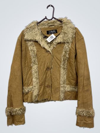 YUNJEI Damen Braune Kunstsuede Jacke mit Pelzbesatz