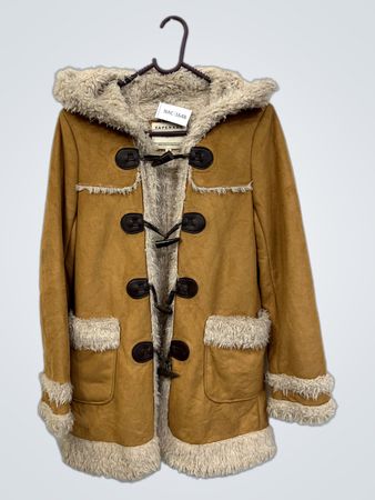 TAPENADE Women's Brown Hooded Duffle Coat with Faux Fur Trim