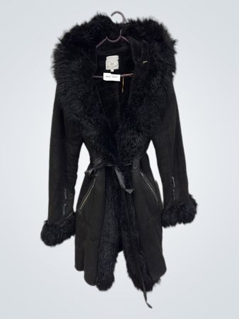 CHIC & JEUNE Black Faux Fur Trimmed Hooded Coat