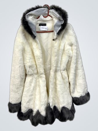 N&E HYNH FZ White Faux Fur Hooded Coat with Grey Trim