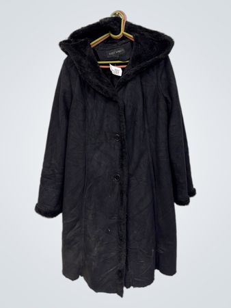 Fleet Street Black Hooded Faux Suede Coat with Faux Fur Trim