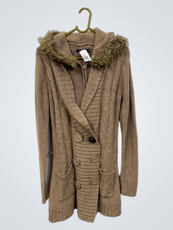 Jennifer Taylor Women's Brown Hooded Cardigan with Fur Trim