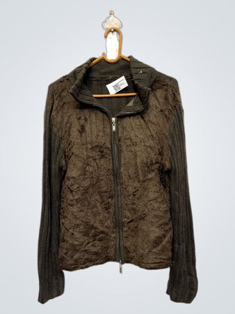 Braune Kunstpelz- und Strickjacke mit Reißverschluss