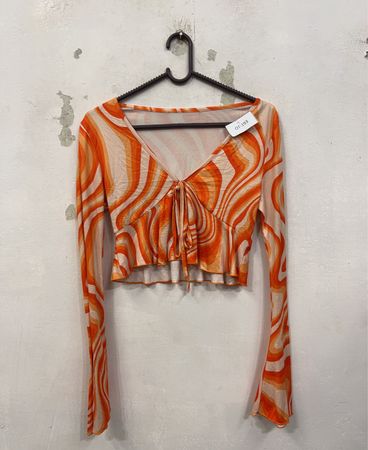 Orange Swirl Print Krawatte Vorderseite Langarm Crop-Top