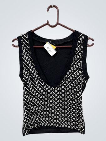Schwarzer ärmelloser V-Ausschnitt Sweater-Weste mit weißem Netzüberzug