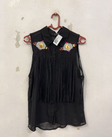 TALLY WEIJL Schwarze ärmellose Fransenbluse