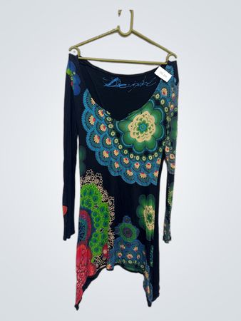 Desigual Schwarzes Floral-Muster Langarm Asymmetrisches Kleid