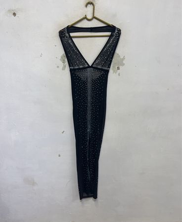 Schwarzes transparentes Kleid mit Strasssteinen OD-179