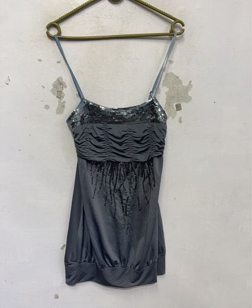 MANGO Raffung Pailletten-Verzierte Graue Spaghettiträgershirt
