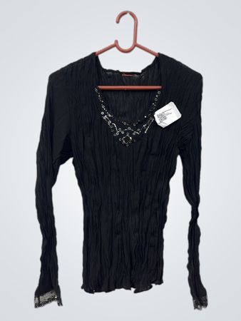 Schwarzes, gerafftes Langarmshirt mit Pailletten