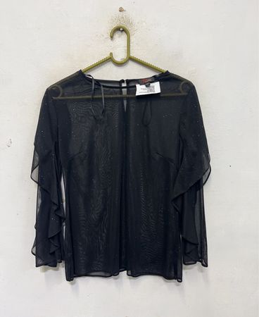 JM Studio by John Meyer Schwarze transparente Bluse mit Rüschensäumen an den Ärmeln
