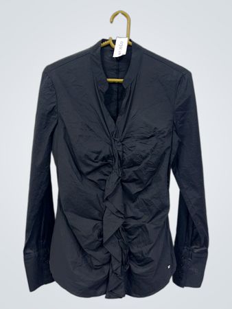 Schwarzes gerafftes V-Ausschnitt-Langarmshirt